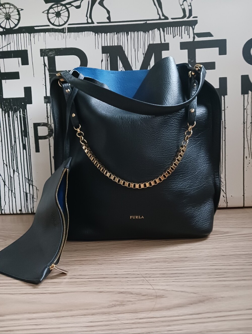Furla Minerva Hobo Black/ Blue Leather Shoulder Bag with Gold Chain Accent
